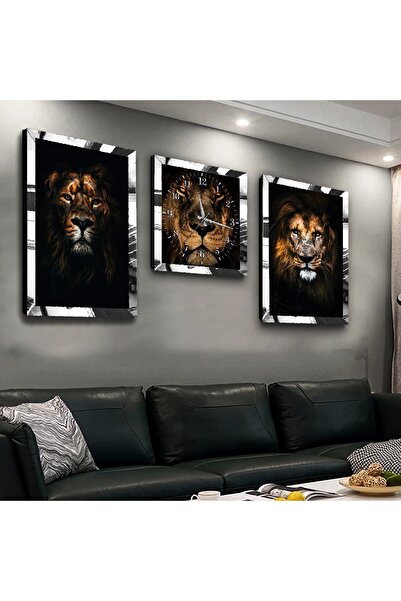 Zevahir Mobilya Dekorasyon Gümüş Aynalı Pleksi Çerçeveli Ormanlar Kralı Aslan Üçlü Mdf Tablo Seti Ve Saat Seti