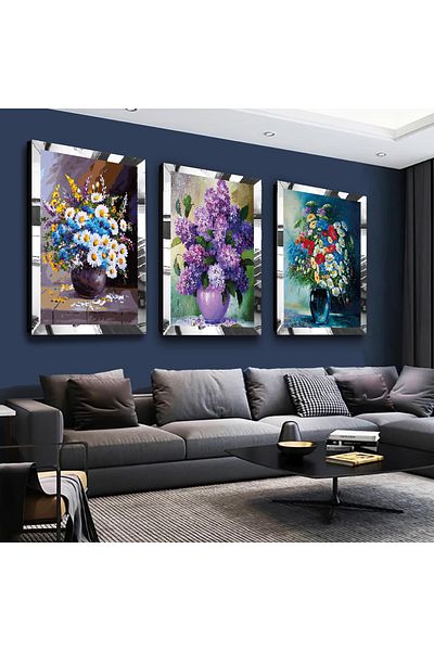 Zevahir Mobilya Dekorasyon Vază colorată cu cadru din plexiglas cu oglindă argintie Set de masă din MDF triplu argintiu