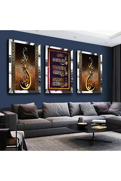 Zevahir Mobilya Dekorasyon Set de pictură din MDF triplu argintiu cu verset religios cu cadru din plexiglas cu oglindă argintie