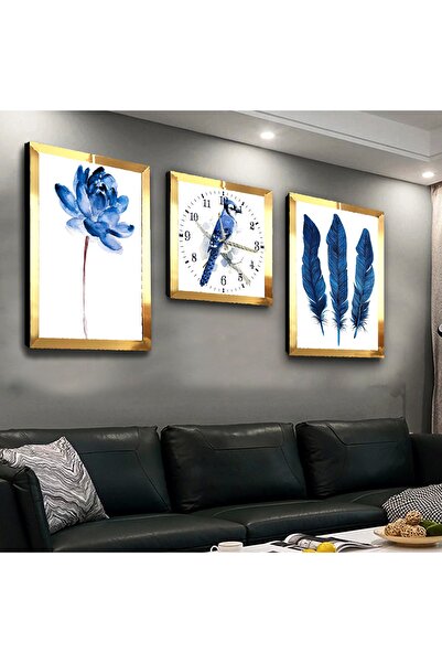 Gold Mirrored Plexiglass Framed Blue Flower Triple Mdf Table Set And Clock Set