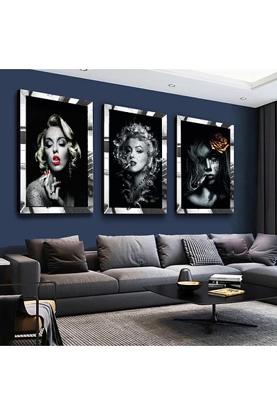 Zevahir Mobilya Dekorasyon Set de masă din MDF triplu argintiu Marilyn Monroe cu cadru din plexiglas cu oglindă argintie