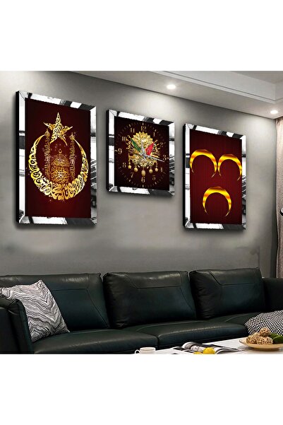 Zevahir Mobilya Dekorasyon Gümüş Aynalı Pleksi Çerçeveli Osmanlı Tuğrası Ve Hilal Üçlü Mdf Tablo Seti Ve Saat Seti