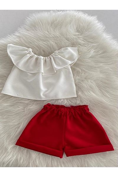 Moda Lina Baby Girl White Blouse & Red Shorts Set