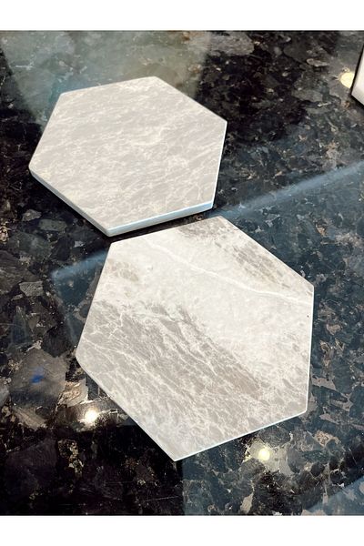 Moon Dizayn Marble Hexagon Presentation Bowl, Marble Presentation Plate 14 Cm, Marble Serving, 2-Piece Marble Presentation Bowl