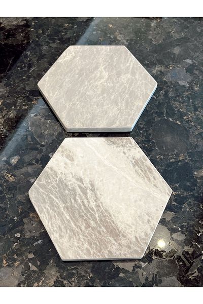 Moon Dizayn Marble Hexagon Presentation Bowl, Marble Presentation Plate 14 Cm, Marble Serving, 2-Piece Marble Presentation Bowl