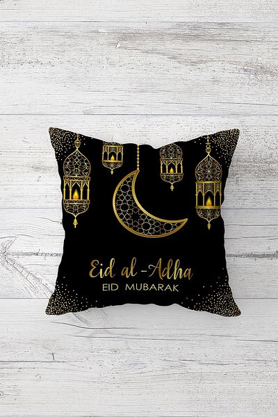 on the clouds Față de pernă neagră Eid Mubarak Ramadan, imprimată pe două fețe, cu fermoar ascuns