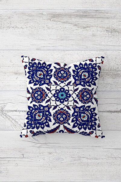 Pelangi غطاء وسادة مقعد مزخرف بنمط البلاط الأزرق ومطبوع على الوجهين وسحاب مخفي