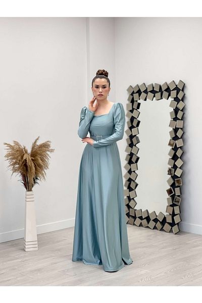 giyimmasalı Φόρεμα Mint Green Flared - Εισαγόμενο κρεπ σατέν, τετράγωνο γιακά