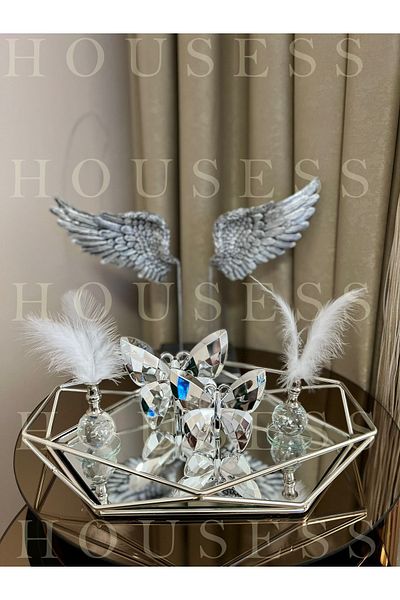 Housess Prism Silver Large Tray, 2-Piece Silver Butterfly and 2-Piece Silver Feather Bowl