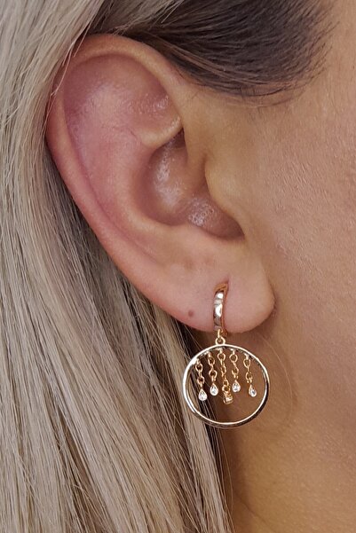 Zaradise Accessories Zirkon Taşlı Sallantılı Çember Model Gold Renkli Çelik Küpe