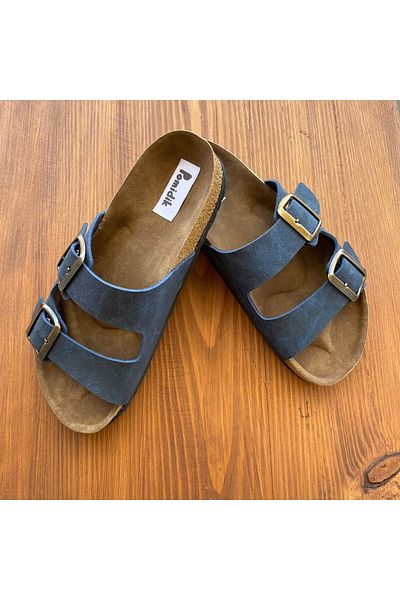 Pomidik Γυναικείες παντόφλες με διπλή πόρπη Navy Blue Nubuck