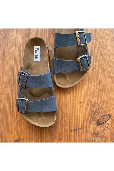 Pomidik Γυναικείες παντόφλες με διπλή πόρπη Navy Blue Nubuck