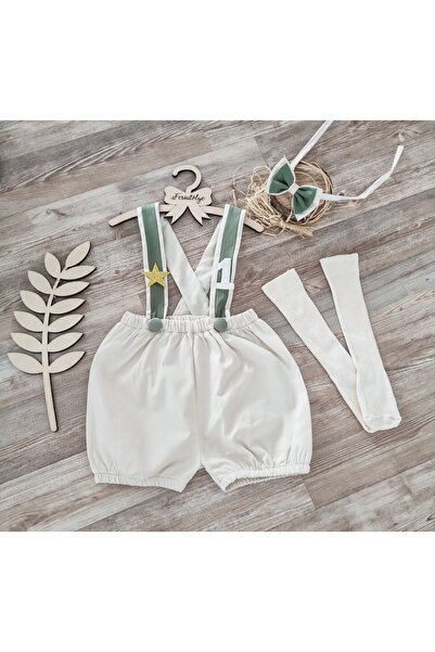 Feriatolye Krem Küf Yeşili Erkek Bebek Salopet Doğum Günü Kostümü