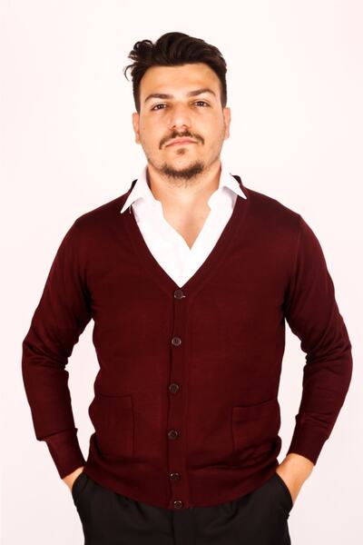 nacar çarşı Tricotaj pentru bărbați din lână fină Cardigan tricotat Dad Burgundy