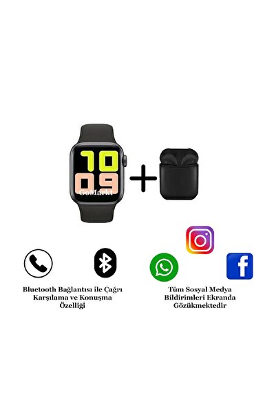 GoMarkt Smart Watch 6 Series Ve I12 Bluetooth Kulaklık Iphone 7/8 Uyumlu Siya...