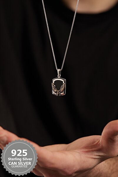 CAN SİLVER 925 Ayar Kartal Figürlü Siyah Oniks Taşlı Özel Tasarım Gümüş Erkek Kolye