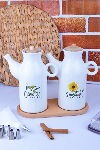 Sezka Life 2 وعاء زيت سيراميك مع حامل وغطاء من الخيزران وخل و2 علامة خاصة مقا...