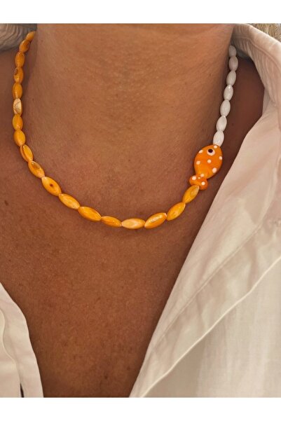 Shine By Pin Shinebypin Doğal Sedef Taşlı Murano Cam Turuncu Balıklı Kolye