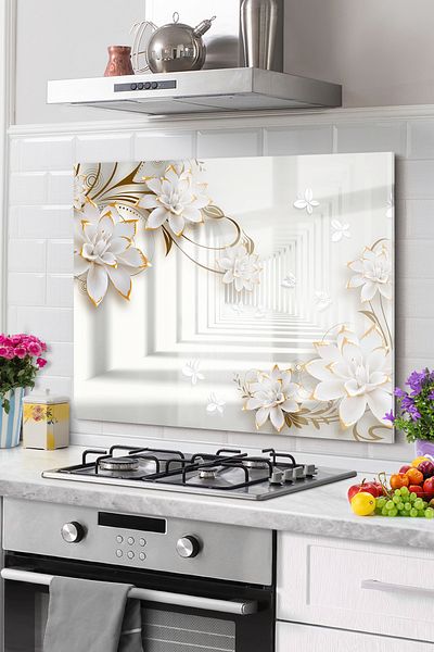 Olinpa Premium 50X50Cm Floral White Kitchen Mosque Countertop Built-In Back Protector