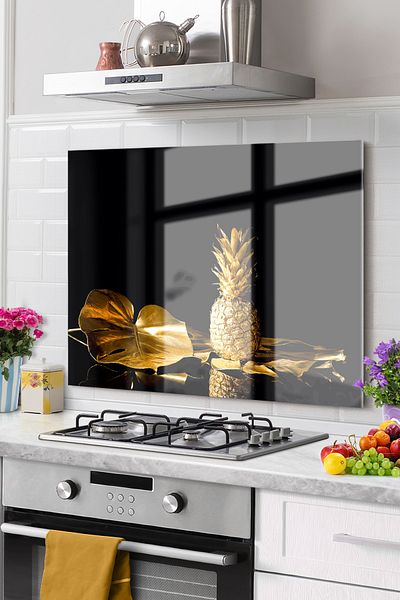 Olinpa Premium Kitchen Glass Stove Back Protector Countertop Built-In Back Protector 50X76Cm |   Gold Pineapple