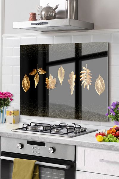 Olinpa Yaprak Gold Premium Kitchen Mosque - Cooktop and Built-In Back Protector, 50X60Cm