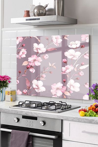 Olinpa 50X76Cm Premium Kitchen Mosque - Stove and Built-In Back Protector, Floral Pink