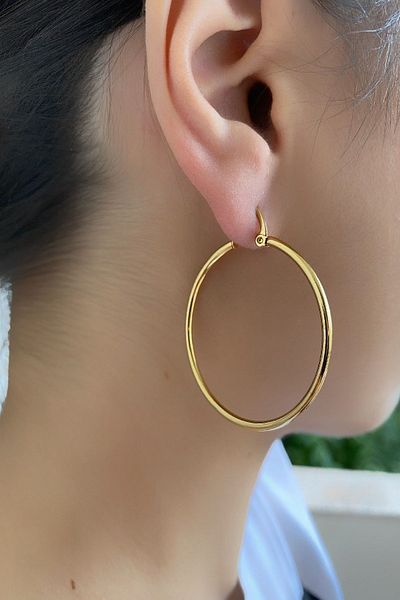 axexuar Large Hoop Earrings 316l Stainless Tarnish Stainless Steel Earrings Gold Yellow Color Diameter 40 Mm Double Sold