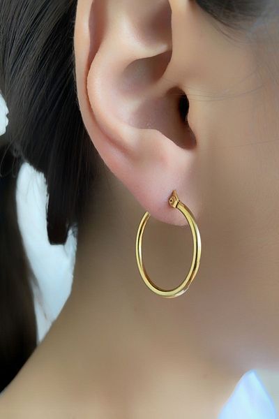 axexuar Medium Size Hoop Earrings 316l Stainless Tarnish Stainless Steel Earrings Gold Yellow Color Diameter 25 Mm Double Sold
