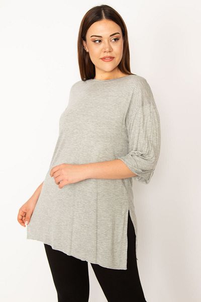 Şans Women's Large Size Gray Double Sleeve Side Slit Blouse 65n33299
