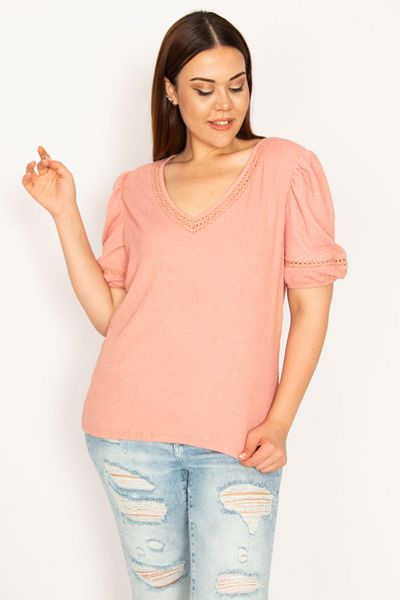Şans Women's Large Size Lycra Seersucker Blouse with Lace Detail on Dusty Rose Collar and Cuff 65n33320