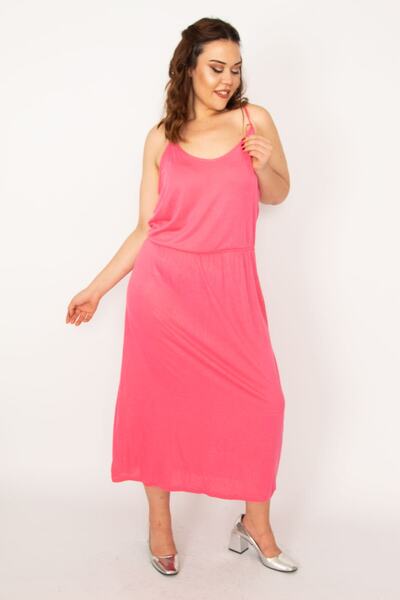 Şans Women's Large Size Pink Elastic Waist Strap Viscose Dress 65n33359