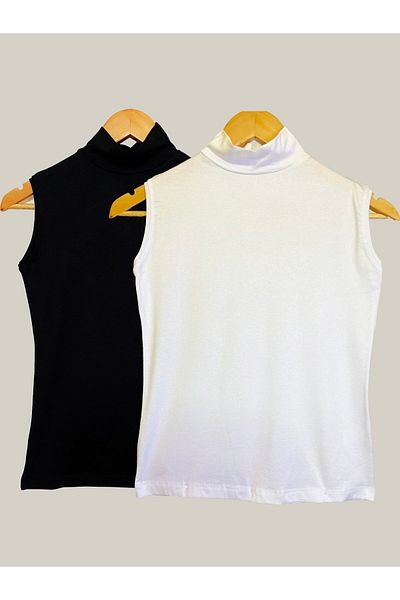 Nacar Women's Black And White Zero Sleeve Half Turtleneck Body