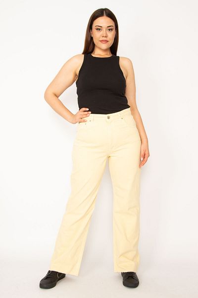Şans Women's Large Size Beige 5 Pocket Jeans Trousers 65n33369