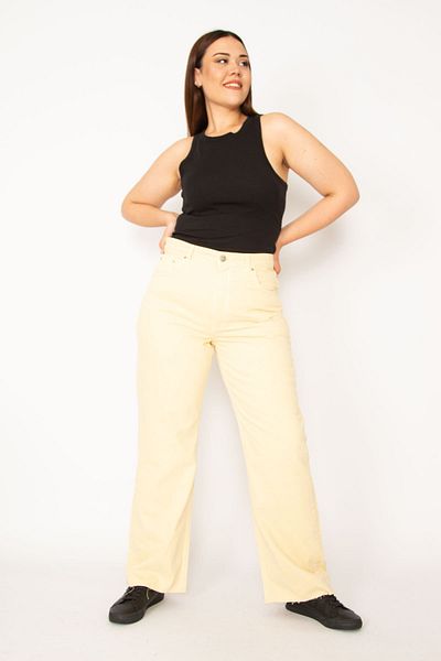 Şans Women's Large Size Beige 5 Pocket Jeans Trousers 65n33369