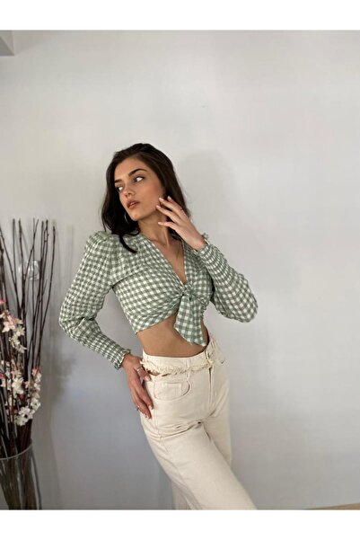 Kareli Balon Omuz Kadın Crop