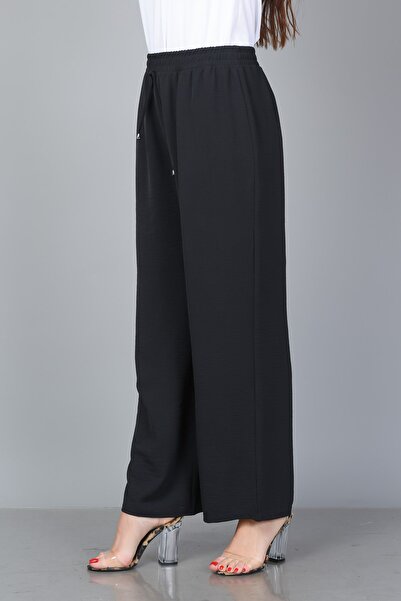 TUSSE Women's Black Crepe Fabric Straight Cut Summer Elastic Large Size Trousers