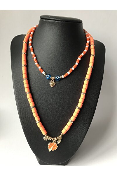 CHIC قلادة على شكل لينو برتقالية وأوراق البرسيم - تفاصيل قلب أزرق وخرزة عين الشر