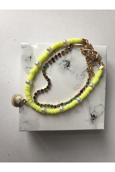 CHIC Fimo Gold Mussel Figured Pearl Neon Yellow Anklet and Colorful Stone Chain Anklet