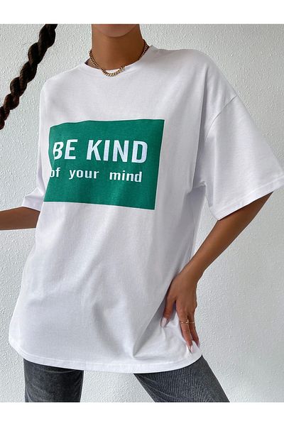 AFROGİYİM Γυναικείο λευκό μπλουζάκι Oversize Be Kind