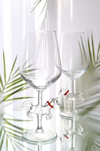 ADAMODART Şeffaf At Tasarım El Yapımı Cam Figürlü 2’li Kadehi