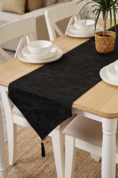 TOSHE 35cm X 270cm Black Runner, Decorative Runner, Patterned Runner