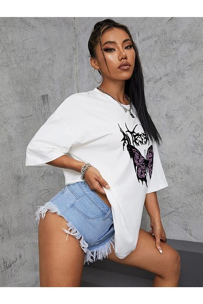 AFROGİYİM Tricou oversize pentru femei, alb, violet, fluture