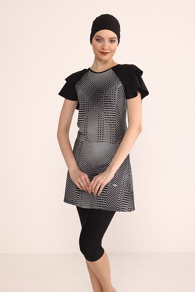 TESMAY Special Design Water Repellent Fabric Half Sleeve Tights Swimsuit with Frill Detail on Shoulders 2403