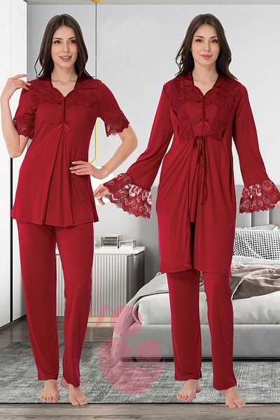 lohusahamile Effortt 9014 Cherry Sleeves Lace Detailed Maternity Pajamas Set with Dressing Gown
