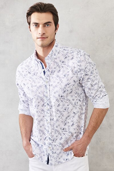 ALTINYILDIZ CLASSICS Erkek Beyaz-lacivert Slim Fit Dar Kesim %100 Pamuk Düğme...