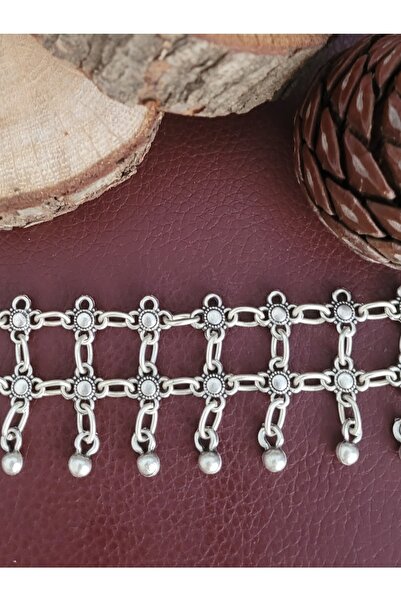 Antique Dolunay Antik Gümüş Kaplama El Yapımı Çift Sıra Çiçek Şekilli Halhal