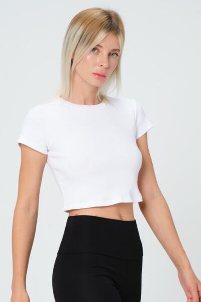 PUNKY CAT Women's White Crew Neck Short Sleeve Crop Basic Blouse