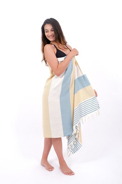 Ephemeris Metis Cotton 100x180cm Fringed Loincloth - Dawn - Yellow-blue