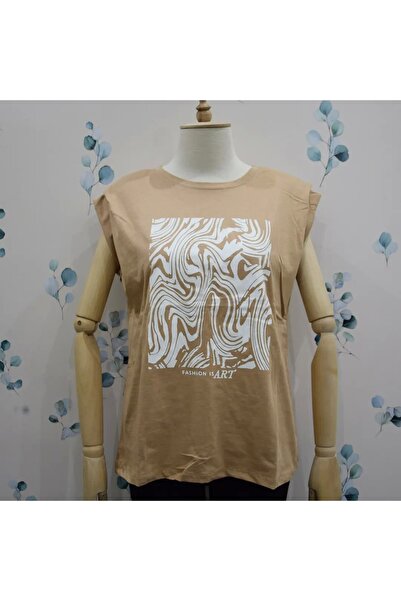 MELEDYA Baskılı Omuz Vatkalı T-shirt-bej