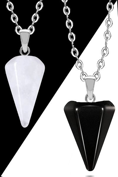 Tesbih Atölyesi Crystal Quartz- Obsidian Natural Stone Pandule Couple Lover Necklaces